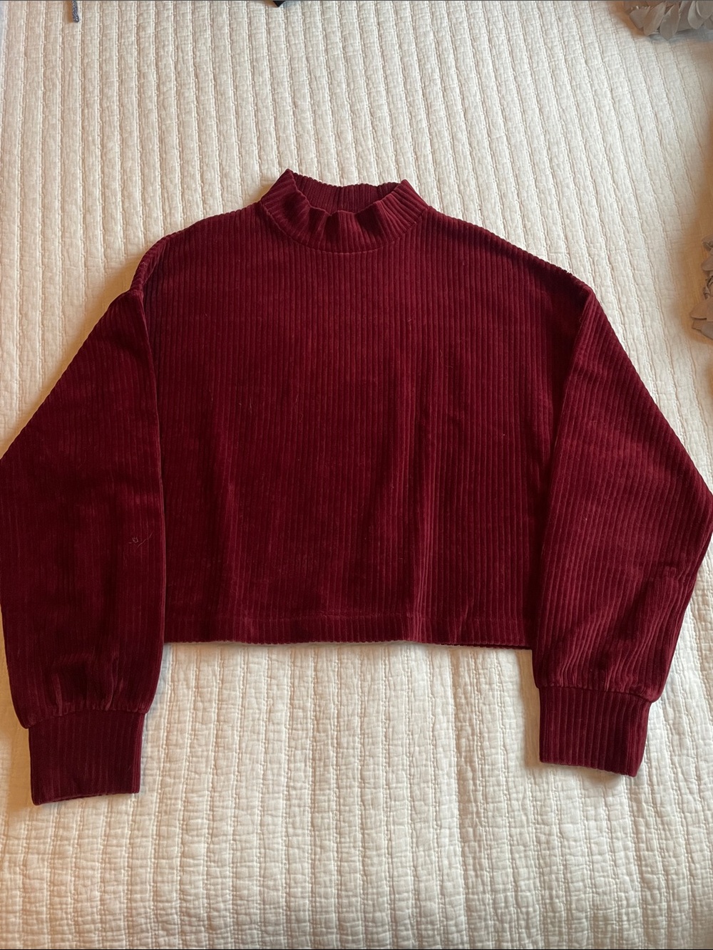 twik Burgundy Corduroy Mock Neck Cropped Sweatshirt